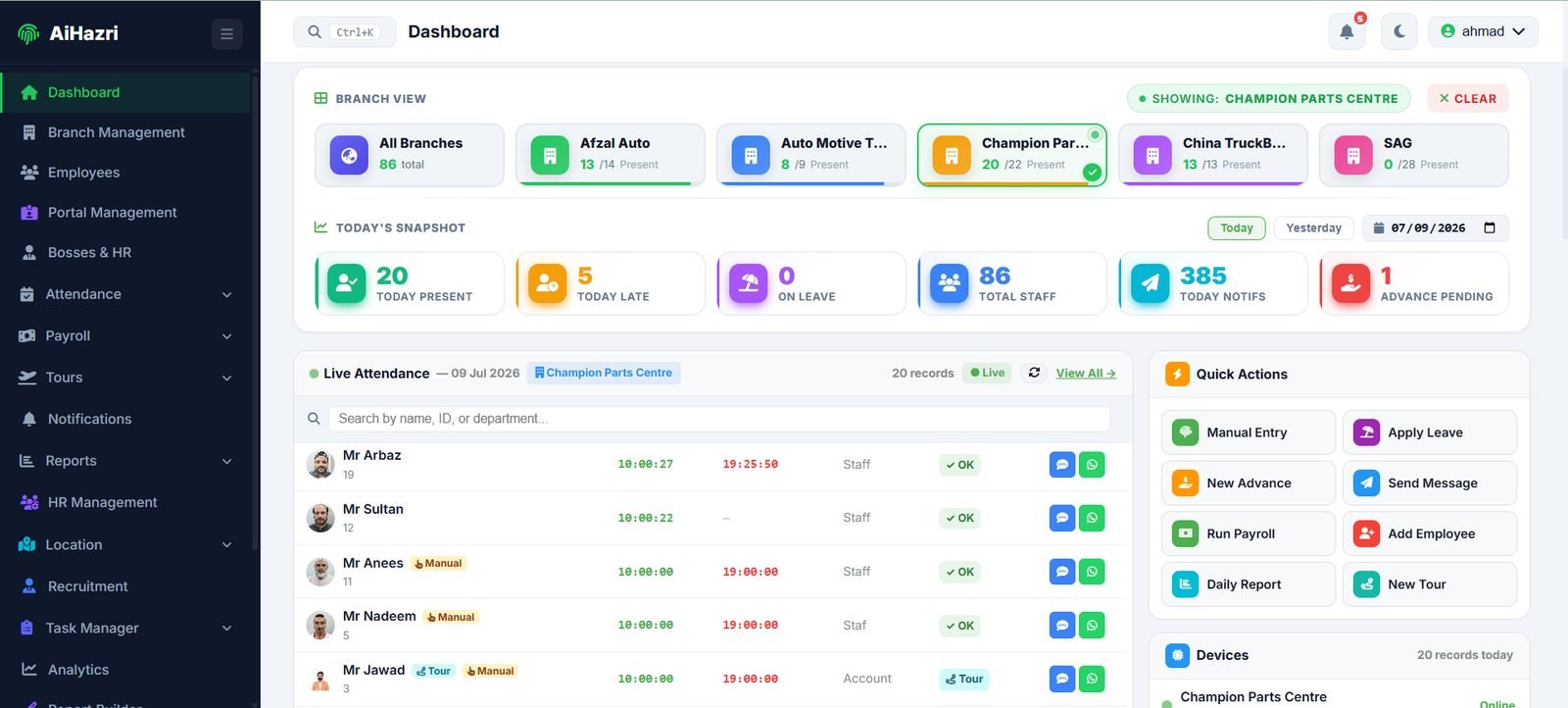 AiHazri web dashboard — branch view, live attendance and quick actions