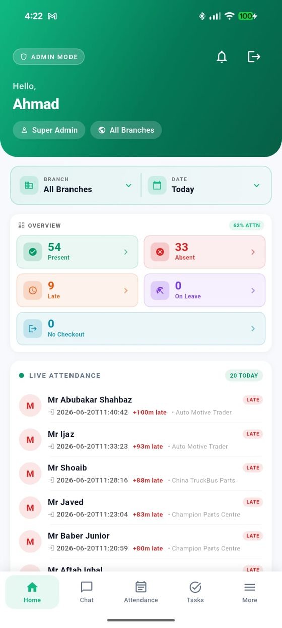 AiHazri mobile app — admin dashboard with live attendance
